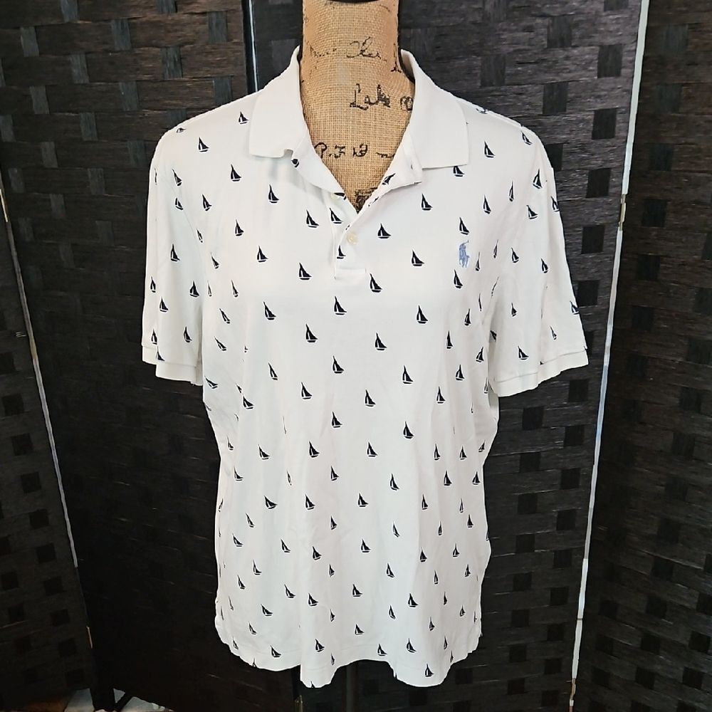 Polo Ralph Lauren White Sailboat Polo Shirt Medium | Navy Nautical Print Cotton